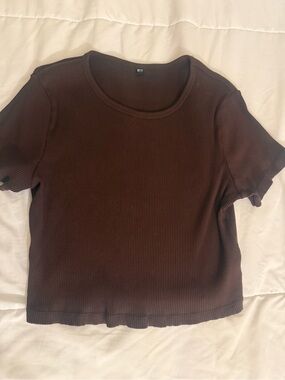 UNIQLO Women's Ribbed Short Sleeve Top - Brown